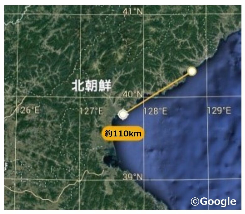 「新型戦術誘導兵器」北朝鮮南部咸興から北東へ約110km飛行(2022年4月16日)