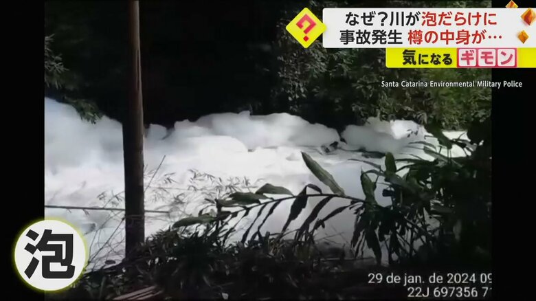 真っ白い泡だらけになった川