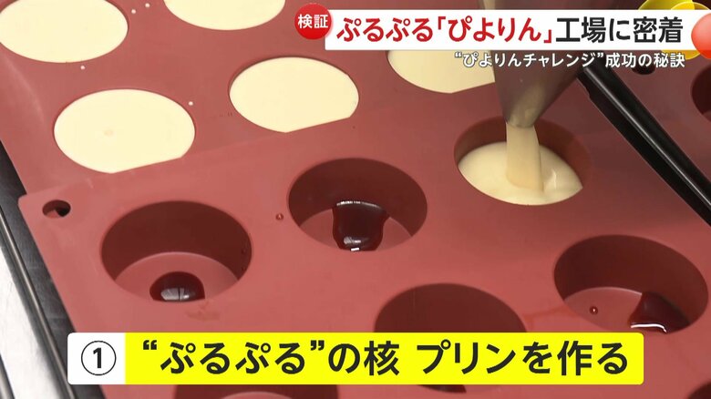 キャラメルの入った型に流し込まれるプリン液（映像提供：ジェイアール東海フードサービス）