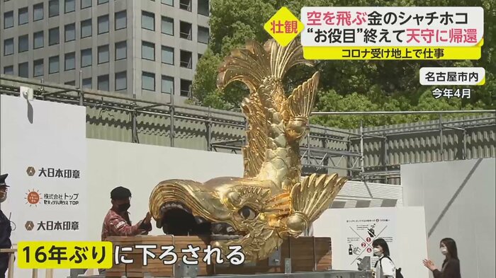 天守から下りていた金シャチ