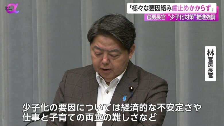 少子化の要因について言及する林官房長官