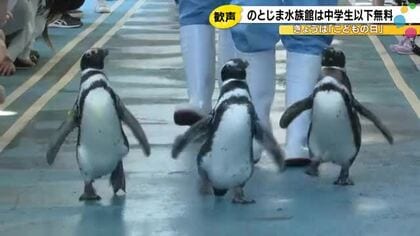 こどもの日で中学生以下無料…のとじま水族館は家族連れ等で賑わう ペンギンの散歩道を多くの人たちが囲む