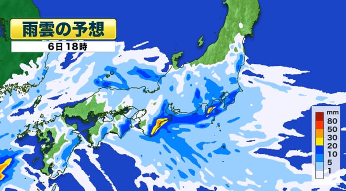 雨雲の予想　6日午後6時