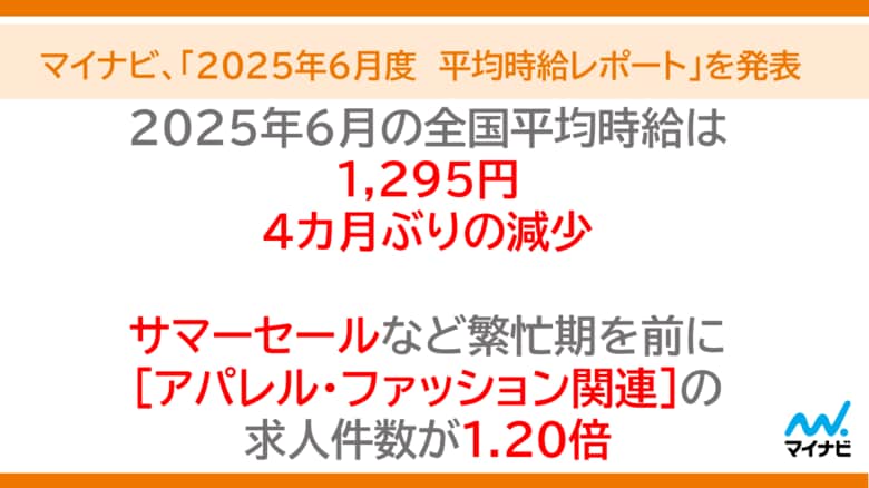 マイナビ、「2025年6月度アルバイト・パート平均時給レポート」を発表