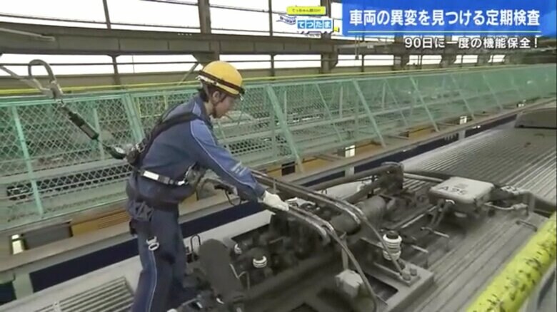 パンタグラフのすり板を検査する作業員