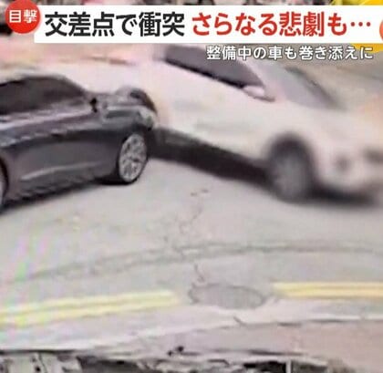 「免許返納しろ」衝突事故の弾みで“さらなる悲劇”…弾き飛ばされ整備中の車に、もう一台も街路樹に突っ込み横転　韓国