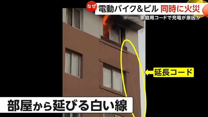 炎が噴き出す部屋から伸びた白い線(中国SNSより)