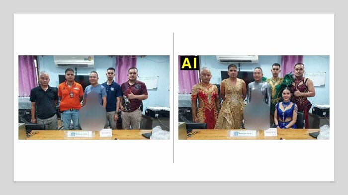 世界中のメディアが引用したAI画像（右）。元の写真（左）では警察官たちはごく普通の服装