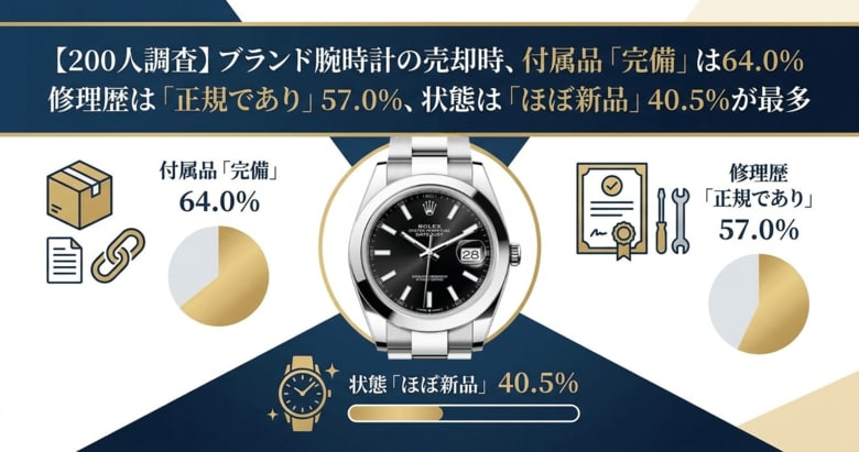 【200人調査】ブランド腕時計の売却時、付属品「完備」は64.0%　修理歴は「正規であり」57.0%、状態は「ほぼ新品」40.5%が最多