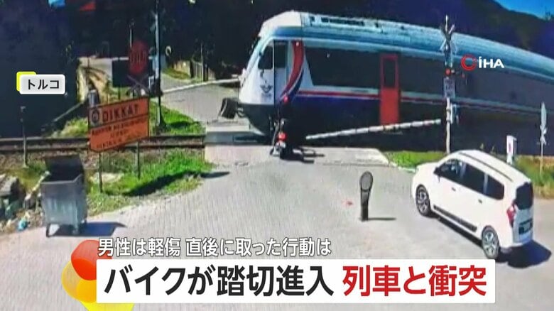 見えてなかった？バイクが踏切に進入し列車と衝突　吹き飛ばされて“一回転”　立ち上がると即座にバイクの元へ　トルコ｜FNNプライムオンライン