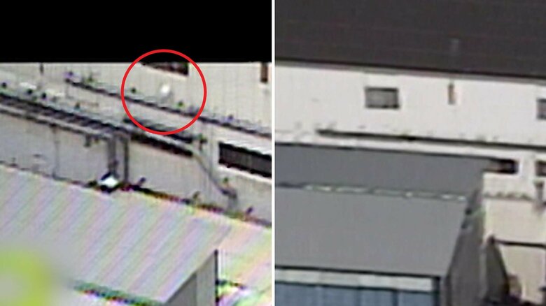 第6サティアンの換気扇カバー比較。左側の写真には、赤丸に囲まれた部分に換気カバーがあるのがわかる