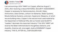トランプ大統領「8月1日から銅に50％」追加関税を表明　医薬品に対しても200％の関税課す方針