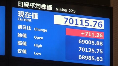 日経平均株価が再び7万円を突破し取引時間中の最高値を更新