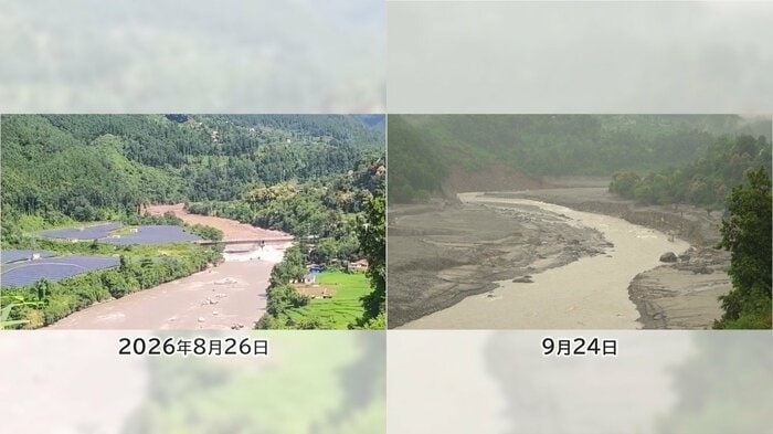 左は発災直後に濁流が押し寄せる様子。右は約1カ月後で、橋の流失と川岸の浸食が確認できる