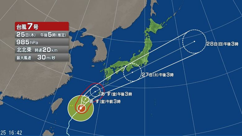 【台風情報】台風7号　関東甲信には27日午後に接近か　台風7号が接近前の25日から26日にかけても警報級の大雨となるおそれ　今後の進路予想は｜FNNプライムオンライン