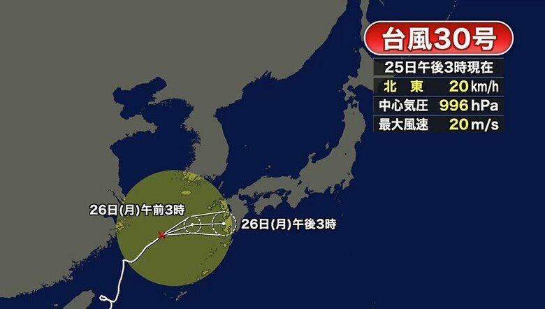 【台風30号】明け方までには温帯低気圧に変わる見込み　福岡県では26日にかけて大雨のおそれ　土砂災害に厳重警戒を　気象台｜FNNプライムオンライン