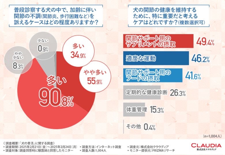 9割以上の獣医師が早期の骨活で犬の健康寿命延長を支持!犬の関節ケアには「サプリメント摂取」と「適度な運動」が重要