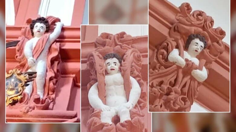 天使像たちは修復された結果、何とも言えない姿に