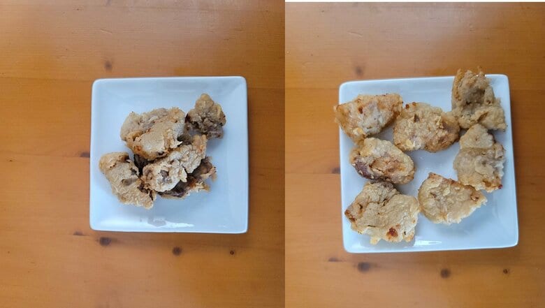 左：牛肉の唐揚げ　右：豚肉の唐揚げ