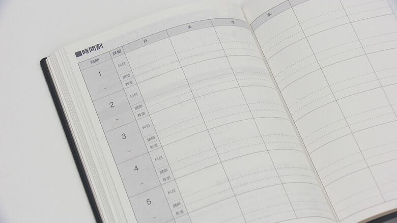時間割のページには、科目・講師・教室を書き込める