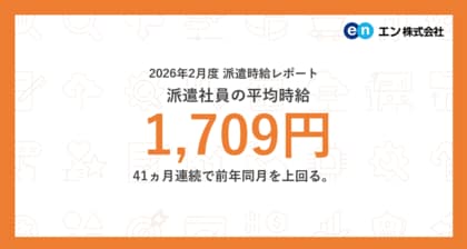 2026年2月度 派遣社員の平均時給は1,709円。41ヵ月連続で前年同月を上回る。