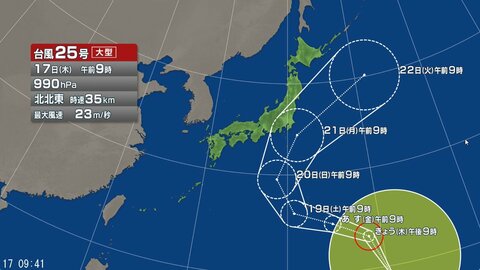 【台風情報】台風25号の進路予想　関東にはシルバーウィーク中の21日に最も近づく予報　関東甲信で警報級の大雨のおそれ　東北の太平洋側も雨、風ともに強まる時間がある見込み