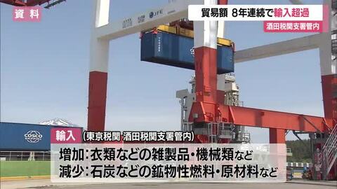 8年連続「輸入超過」486億8900万円　輸入額2年連続減少も輸出の約2倍　山形・酒田税関支署管内