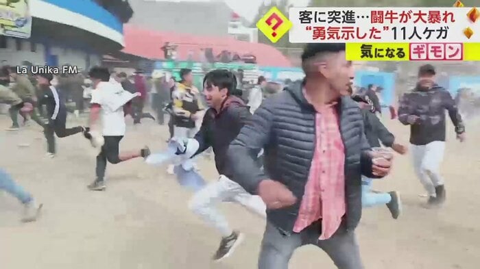 闘牛祭りの様子。四方八方に逃げる人々