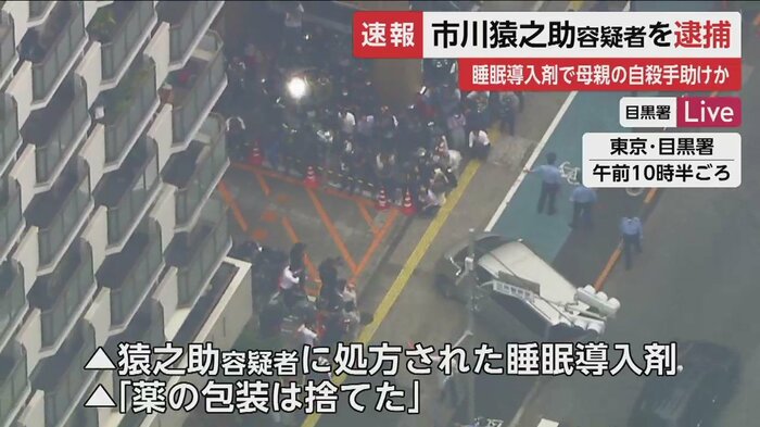 多くの報道陣が待ち受ける中、目黒署に入る猿之助容疑者を乗せた車(27日午前10時半ごろ)
