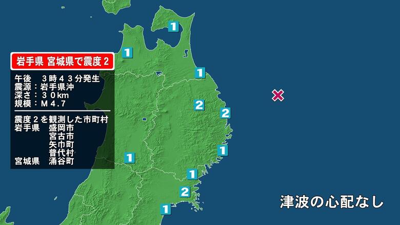岩手県で最大震度2の地震　岩手県・宮古市、普代村、盛岡市、矢巾町、宮城県・涌谷町｜FNNプライムオンライン