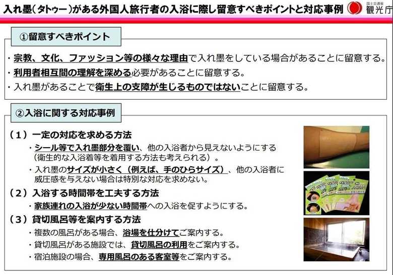 入れ墨(タトゥー)がある外国人旅行者の入浴に際し留意すべきポイントと対応事例(出典:観光庁)