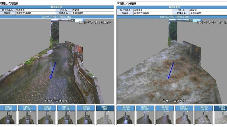 増水前（左）と増水後の河川カメラの様子