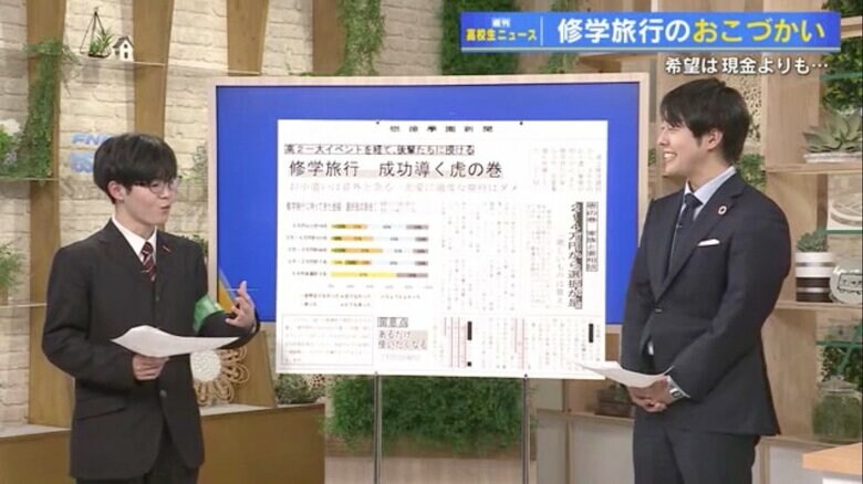 崇徳高校新聞部の丸山太一さん（左）と加藤雅也キャスター（右）