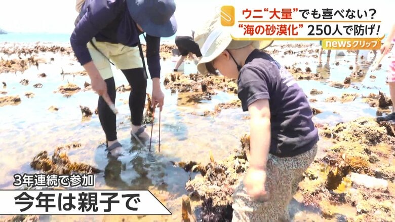 ウニを探す親子