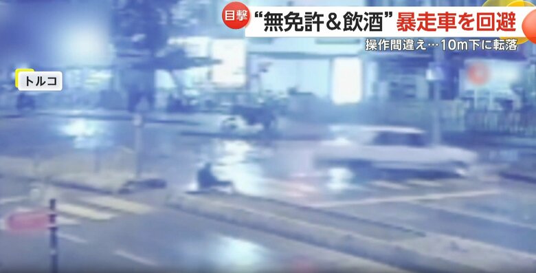 制御を失った車が歩道にいた男性に衝突寸前となる瞬間（トルコ）⑥
