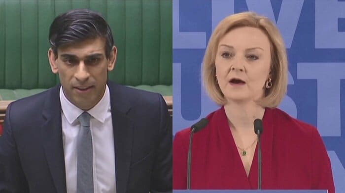党首候補はインド系のスナク元財務相(左)と女性のトラス外相(右)に絞られた