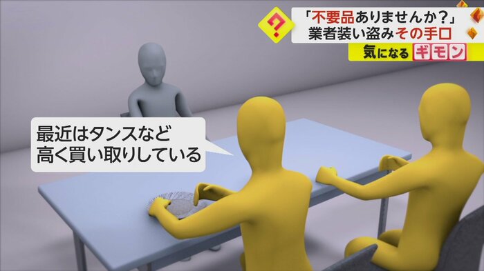 イメージ映像。高齢者に家具の高額買取の話を持ちかける