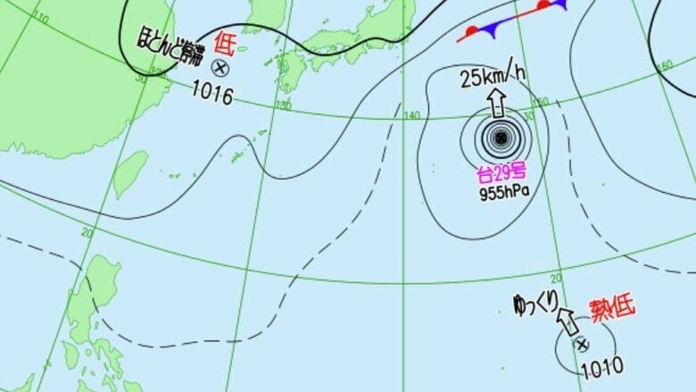 【台風情報】“台風のたまご”熱帯低気圧が台風29号の南に　非常に強い台風29号は12日正午には小笠原近海、中心気圧955hPa　関東や東北の太平洋側では波の高い所がある見込み　　　｜FNNプライムオンライン