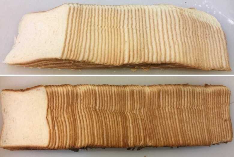 上:5月に作った44枚切り食パン 下:今回の77枚食パン おお、進化している…!