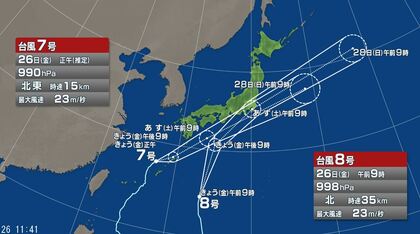 【台風情報】ダブル台風の進路予想は　27日に台風7号が西日本から東日本の太平洋側に接近、台風8号が東日本太平洋側にかなり接近する見込み　台風が持ち込む暖かく湿った空気の影響などで前線の活動が活発に