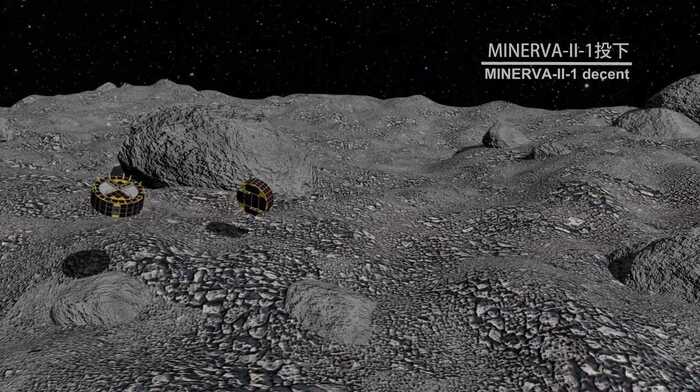 投下された「ミネルバ2」が小惑星「リュウグウ」に着地・移動するイメージCG(ISAS/JAXA)