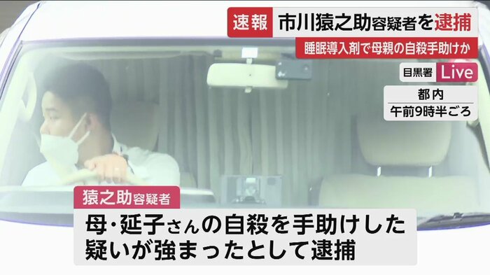猿之助容疑者を乗せた車(都内 27日午前9時半ごろ)