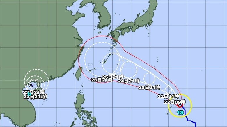 【台風情報】ダブル台風が発生か　熱帯低気圧“台風のたまご”は24時間以内に台風に発達する可能性　台風18号は23日午後9時には「非常に強い」勢力で日本の南へ達する予報｜FNNプライムオンライン