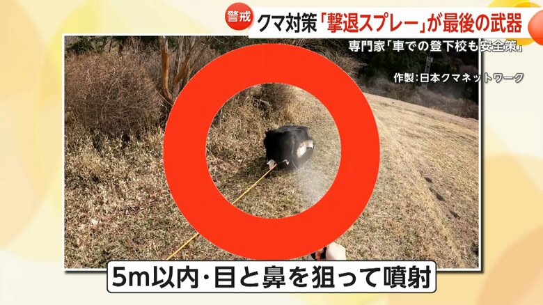 撃退スプレーは、5メートル以内に近づいてきたときに、目と鼻を狙って噴射する