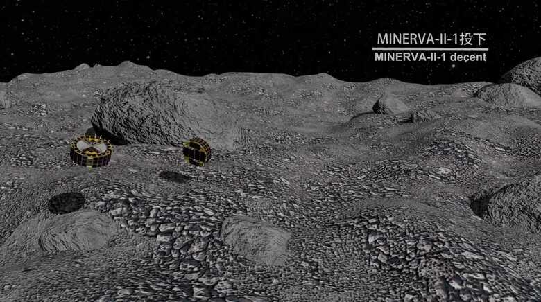 投下された「ミネルバ2」が小惑星「リュウグウ」に着地・移動するイメージCG（ISAS/JAXA）