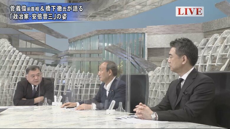 反町理キャスター（左）、菅義偉 前内閣総理大臣（中）、橋下徹 元大阪府知事 元大阪市長