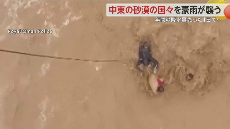ヘリから降下した救助隊員が濁流にのまれた人を救助する一部始終