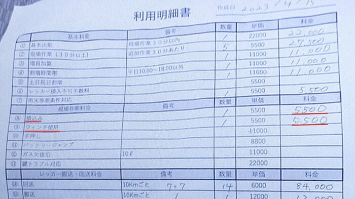 レッカー業者の利用明細書