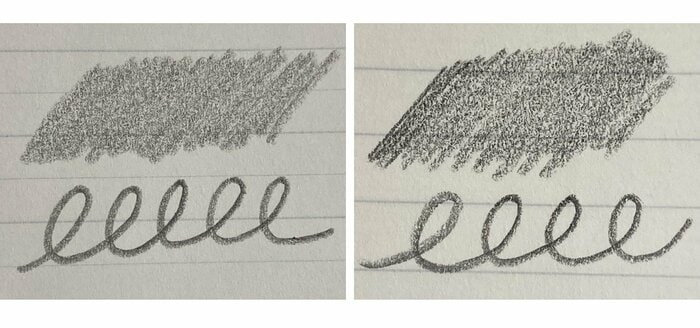 鉛筆でツルサラ系(左)とふんわり系を比較。ツルサラ系は軽い書き心地で均質に。ふんわり系に寄るほど木炭のような味が出る(画像提供:大栗紙工)