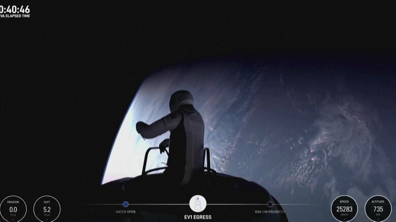 民間人が宇宙空間で初の船外活動に成功…アメリカ「スペースＸ」の宇宙船から体乗り出し約10分間　新しい宇宙服の性能確認行う｜FNNプライムオンライン